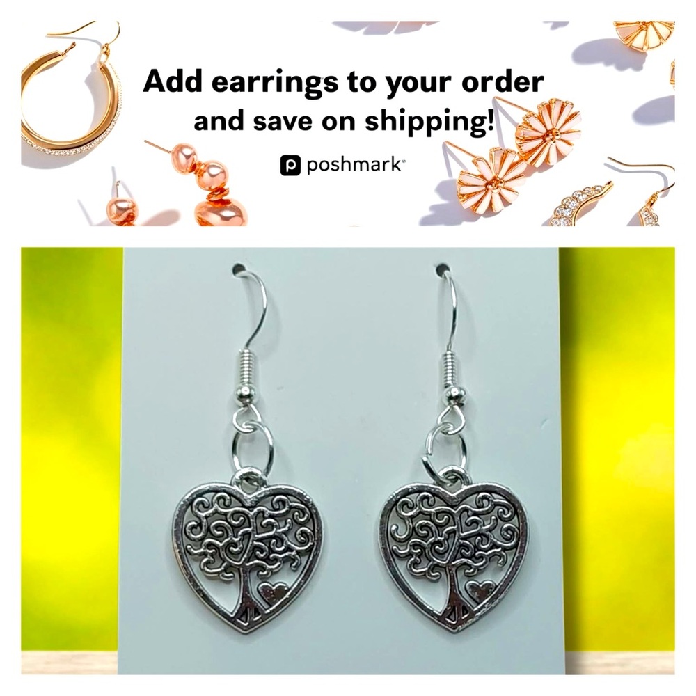 Dangle Earrings Tree‎ of Life Silver Hearts